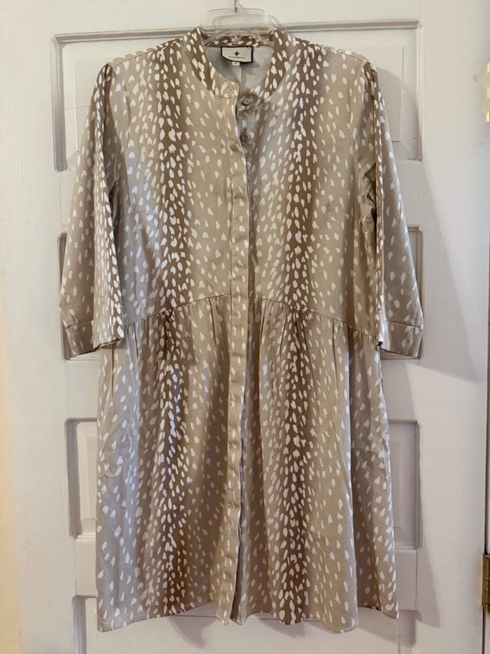 Tuckernuck Beige and White Dot-Print Midi Shirt Dress